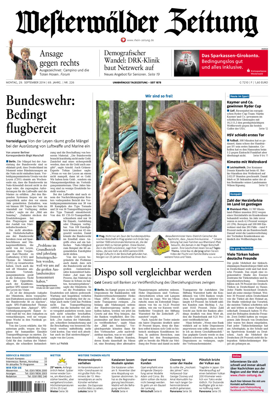 Westerwälder Zeitung vom Montag, 29.09.2014