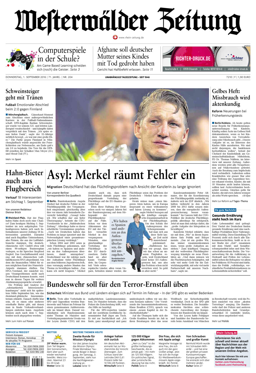 Westerwälder Zeitung vom Donnerstag, 01.09.2016