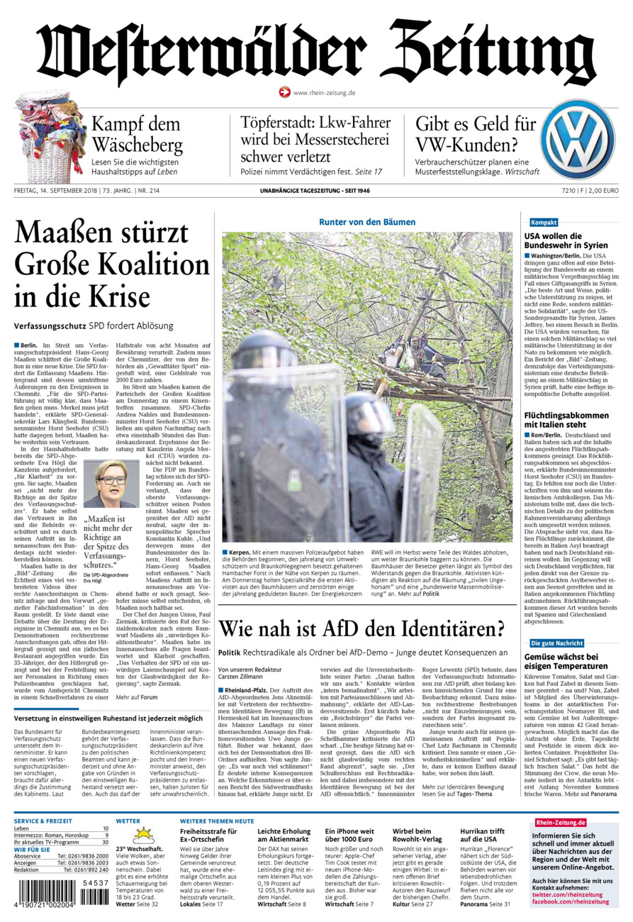 Westerwälder Zeitung vom Freitag, 14.09.2018