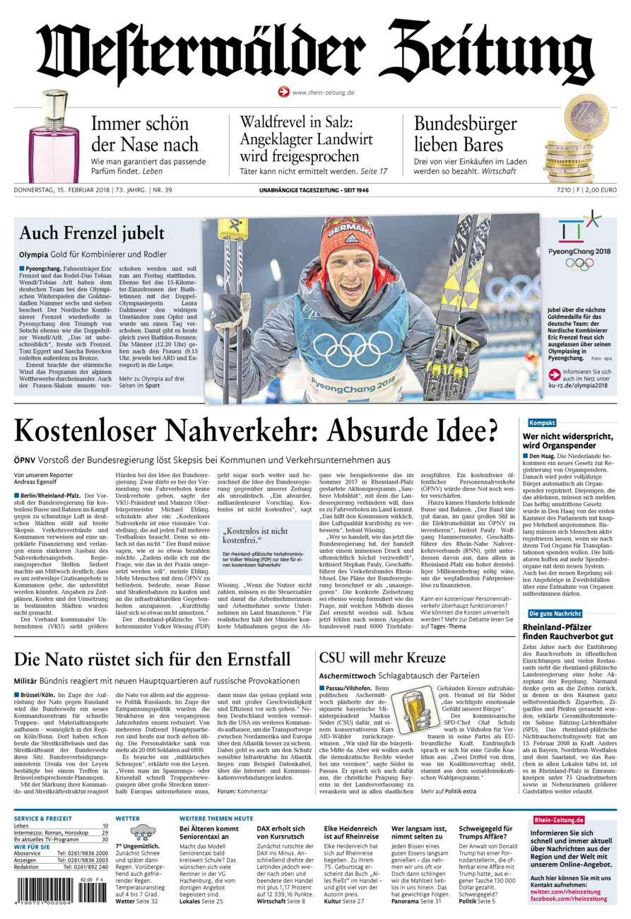 Westerwälder Zeitung vom Donnerstag, 15.02.2018