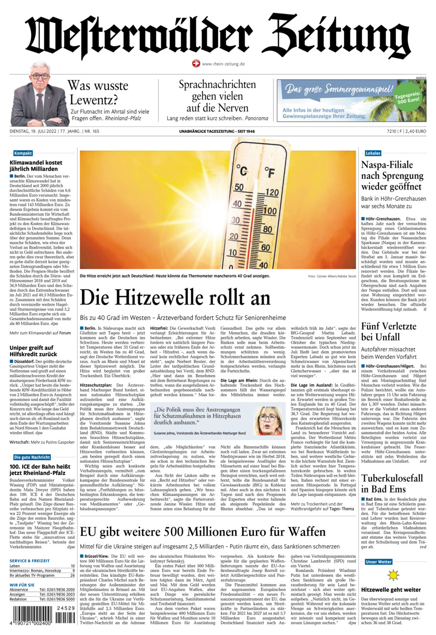 Westerwälder Zeitung vom Dienstag, 19.07.2022