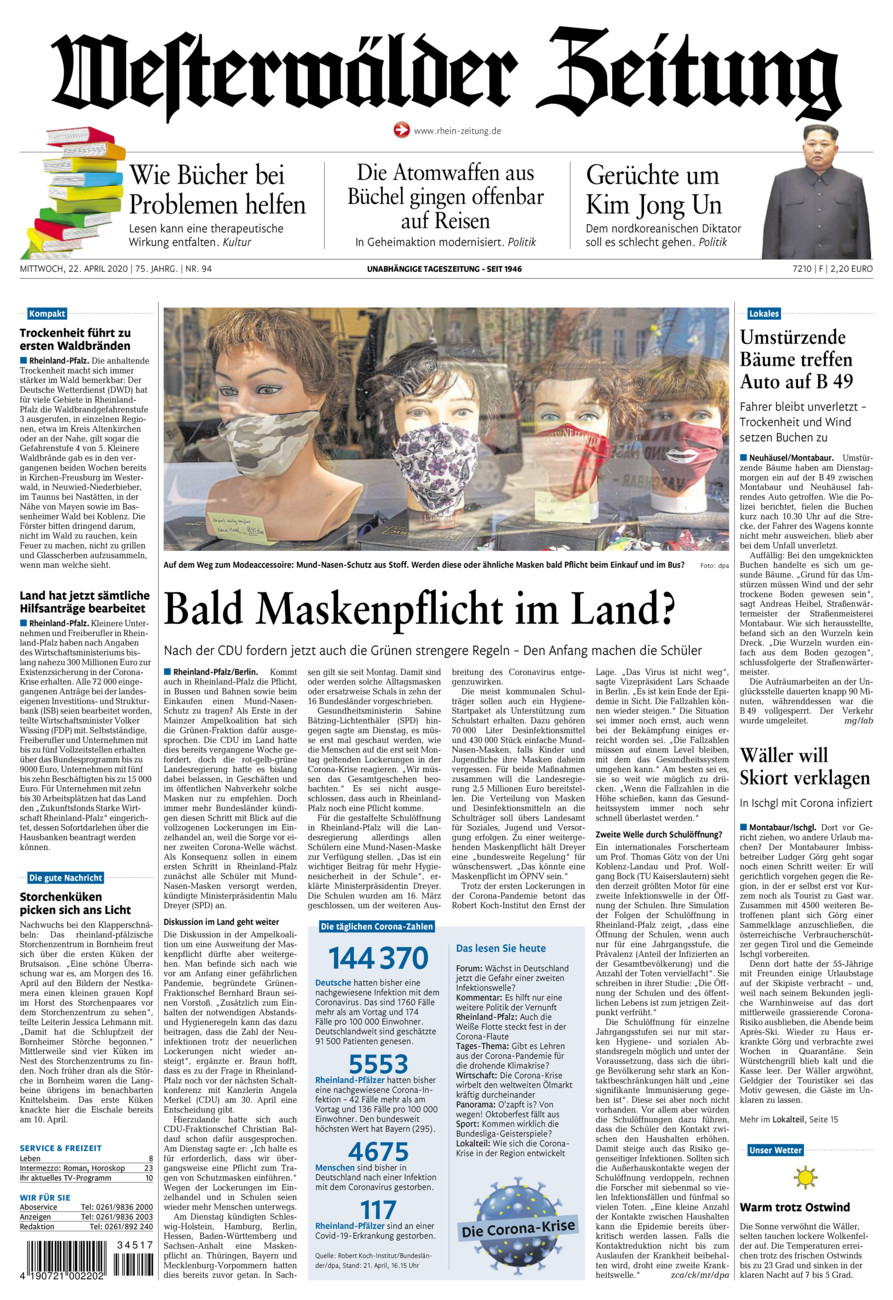 Westerwälder Zeitung vom Mittwoch, 22.04.2020