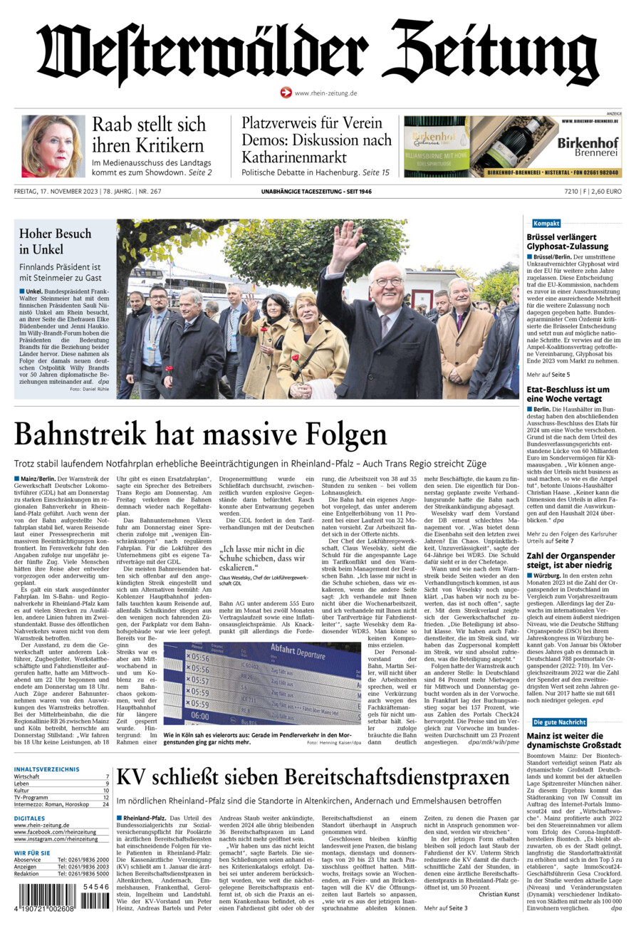 Westerwälder Zeitung vom Freitag, 17.11.2023