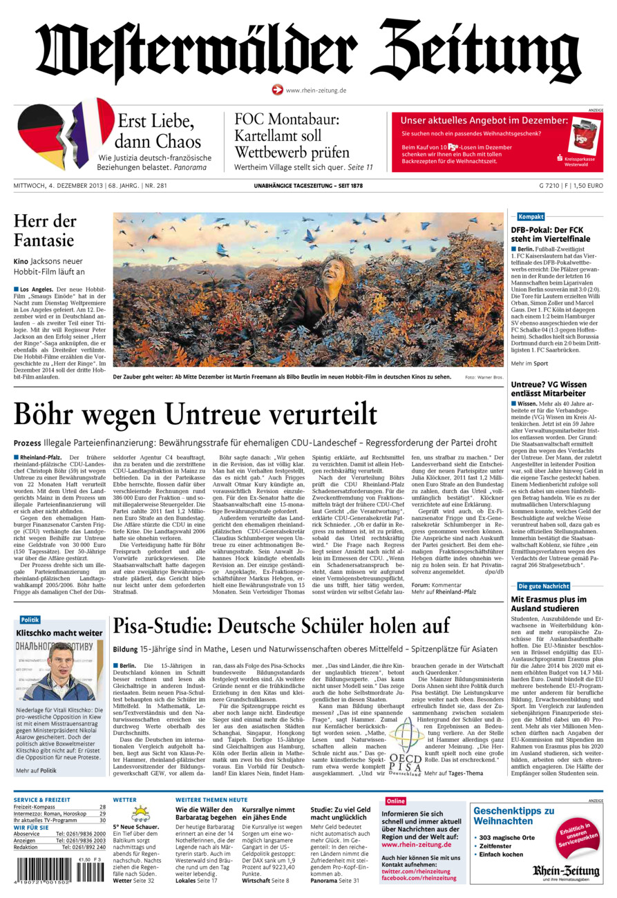 Westerwälder Zeitung vom Mittwoch, 04.12.2013