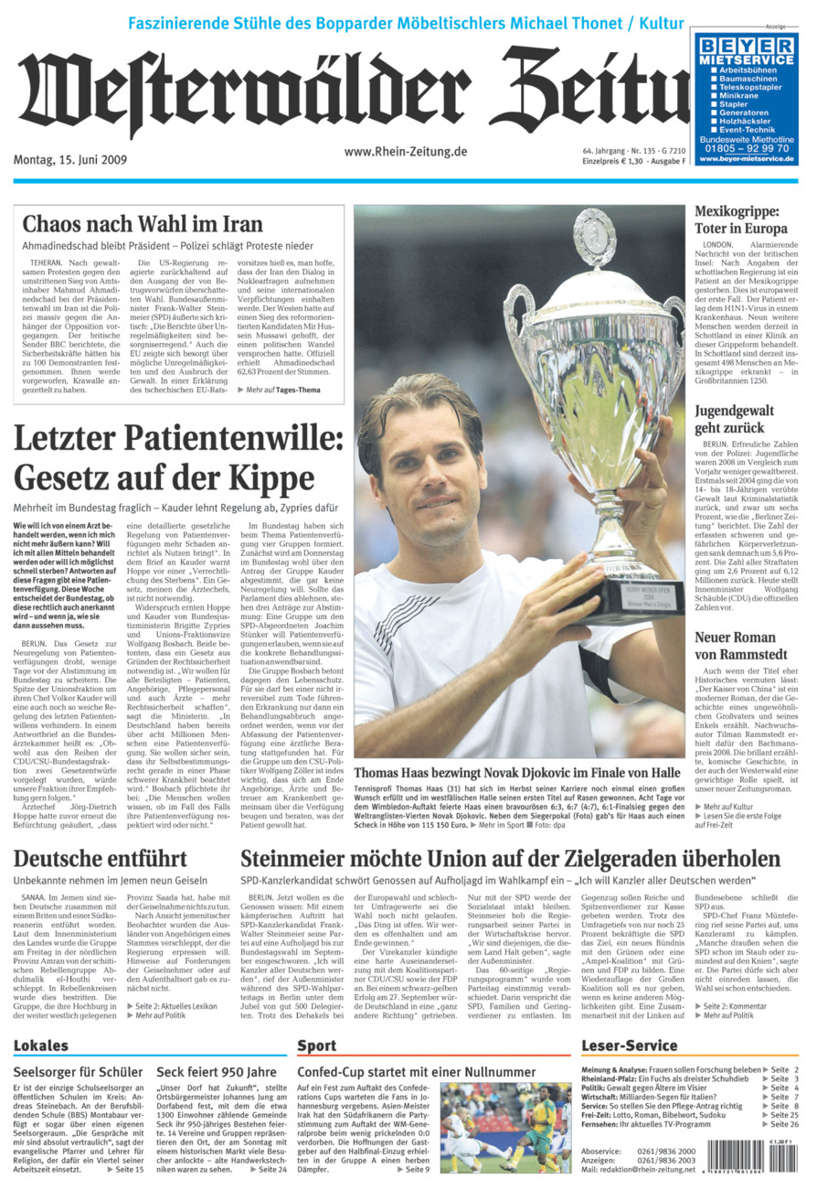 Westerwälder Zeitung vom Montag, 15.06.2009