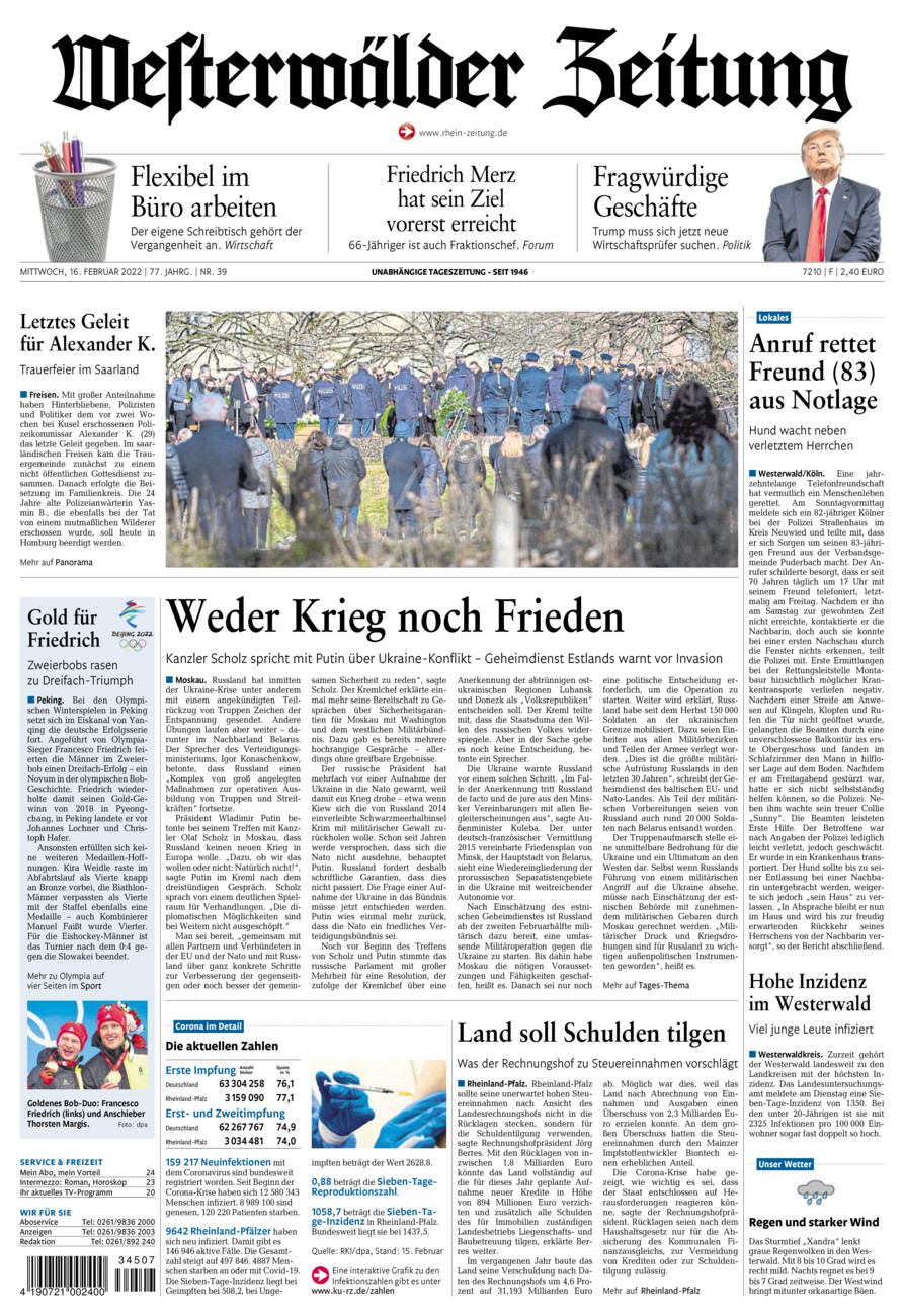 Westerwälder Zeitung vom Mittwoch, 16.02.2022