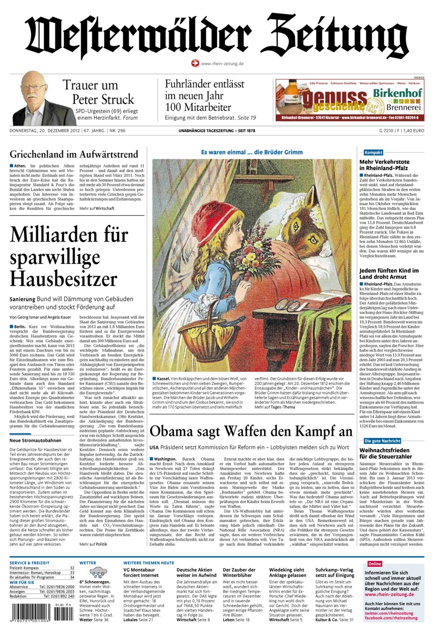 Westerwälder Zeitung vom Donnerstag, 20.12.2012