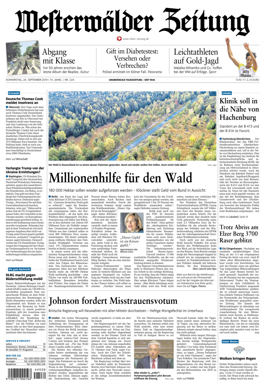 Westerwälder Zeitung vom Donnerstag, 26.09.2019