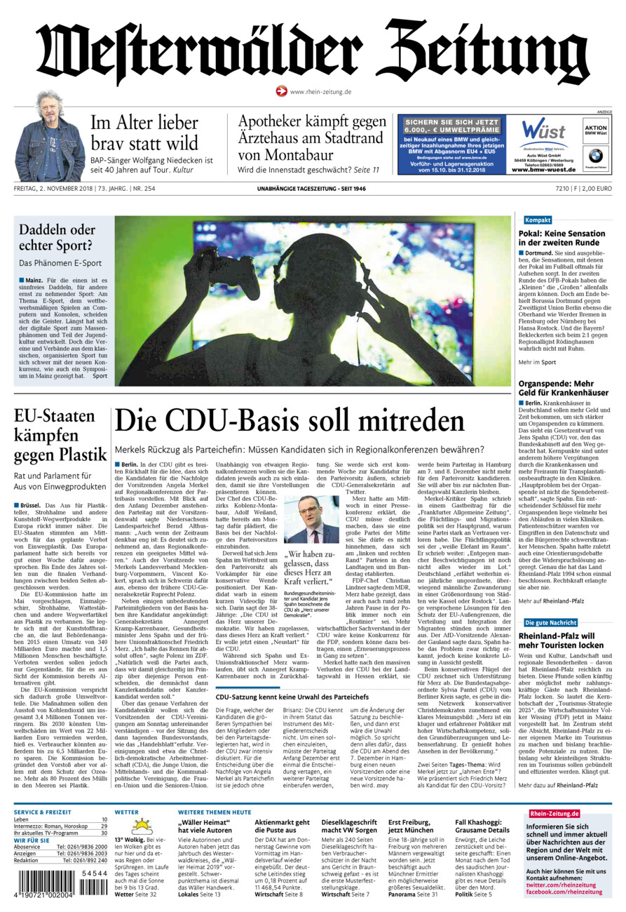 Westerwälder Zeitung vom Freitag, 02.11.2018