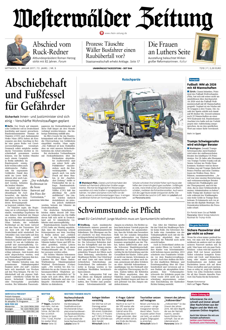 Westerwälder Zeitung vom Mittwoch, 11.01.2017
