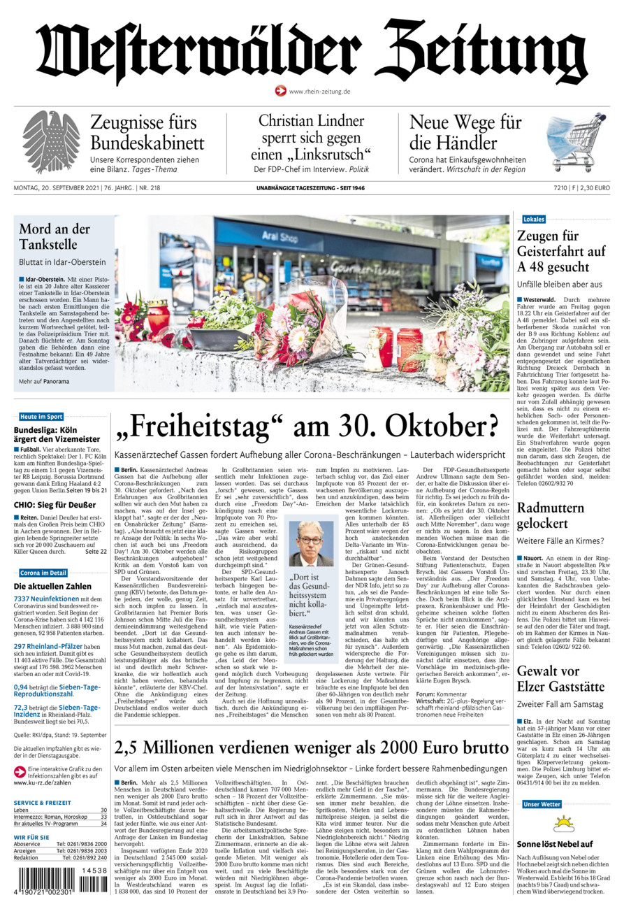 Westerwälder Zeitung vom Montag, 20.09.2021