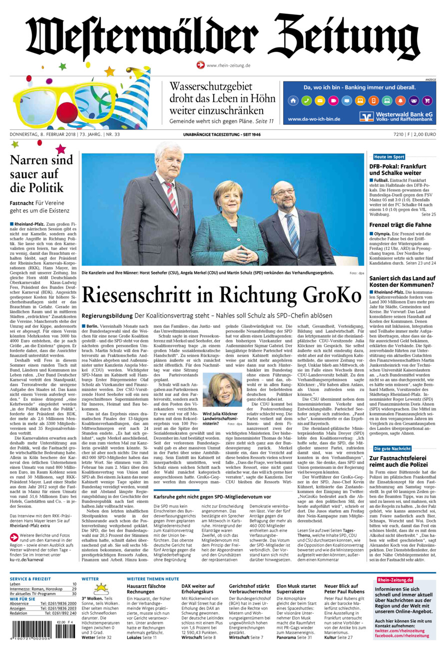 Westerwälder Zeitung vom Donnerstag, 08.02.2018