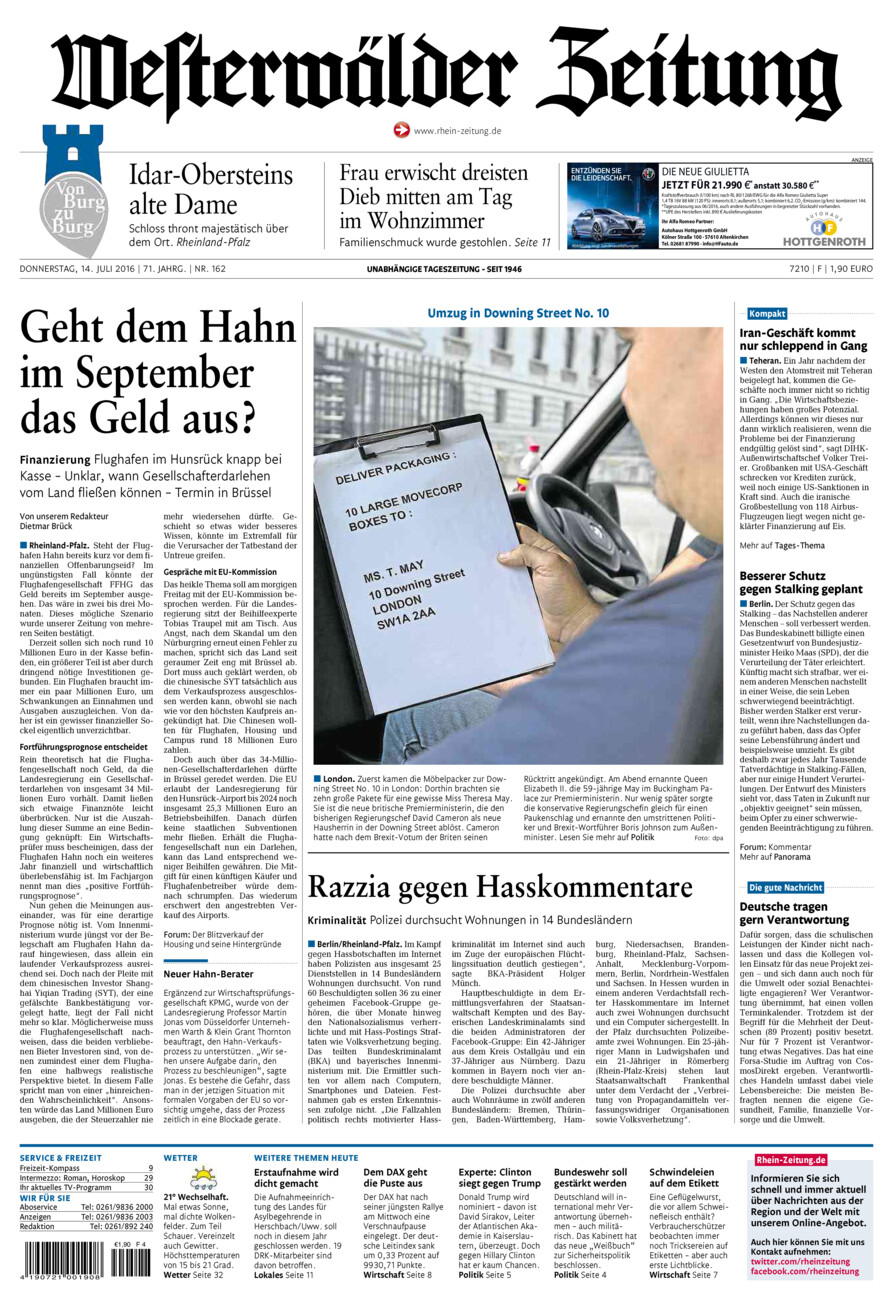 Westerwälder Zeitung vom Donnerstag, 14.07.2016