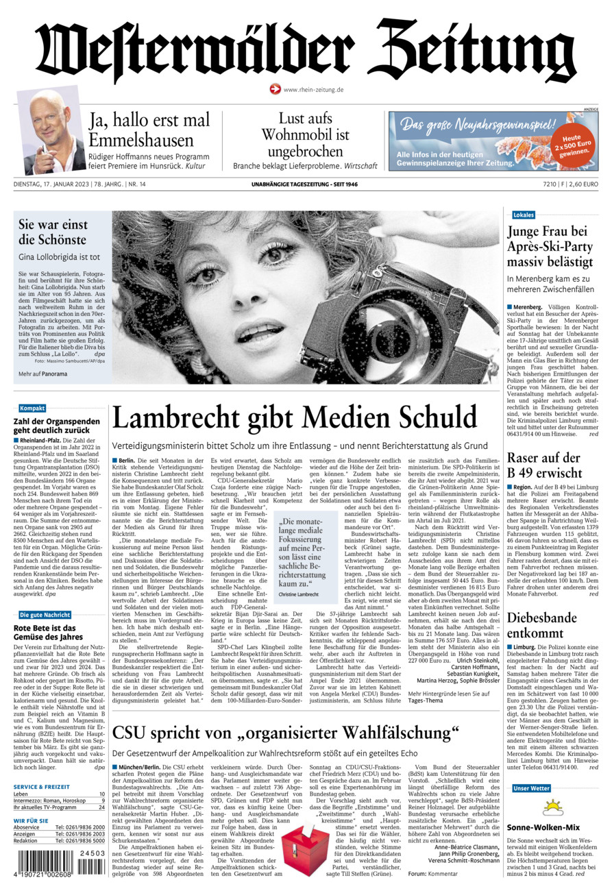 Westerwälder Zeitung vom Dienstag, 17.01.2023