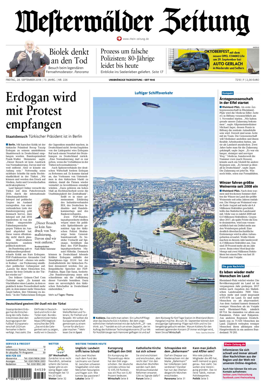 Westerwälder Zeitung vom Freitag, 28.09.2018