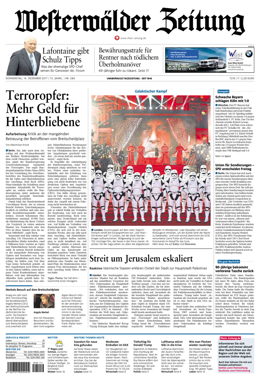 Westerwälder Zeitung vom Donnerstag, 14.12.2017