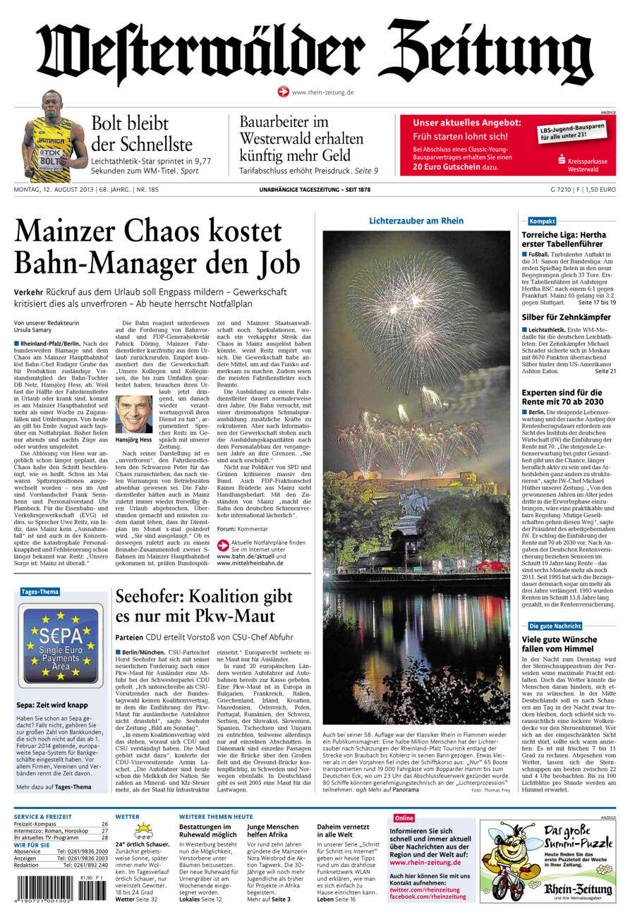 Westerwälder Zeitung vom Montag, 12.08.2013