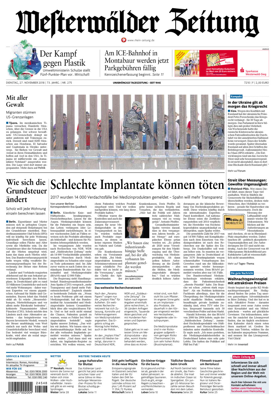 Westerwälder Zeitung vom Dienstag, 27.11.2018