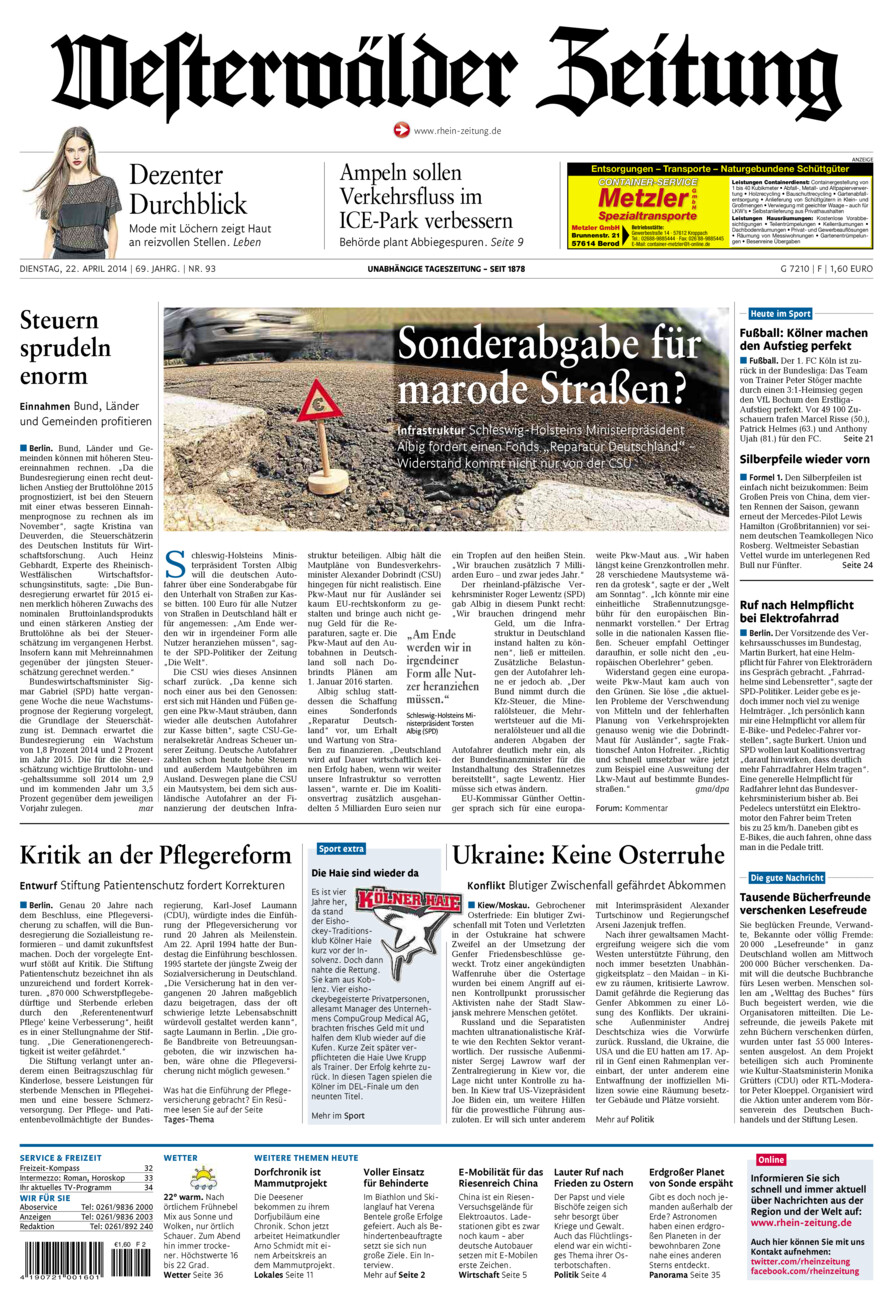 Westerwälder Zeitung vom Dienstag, 22.04.2014