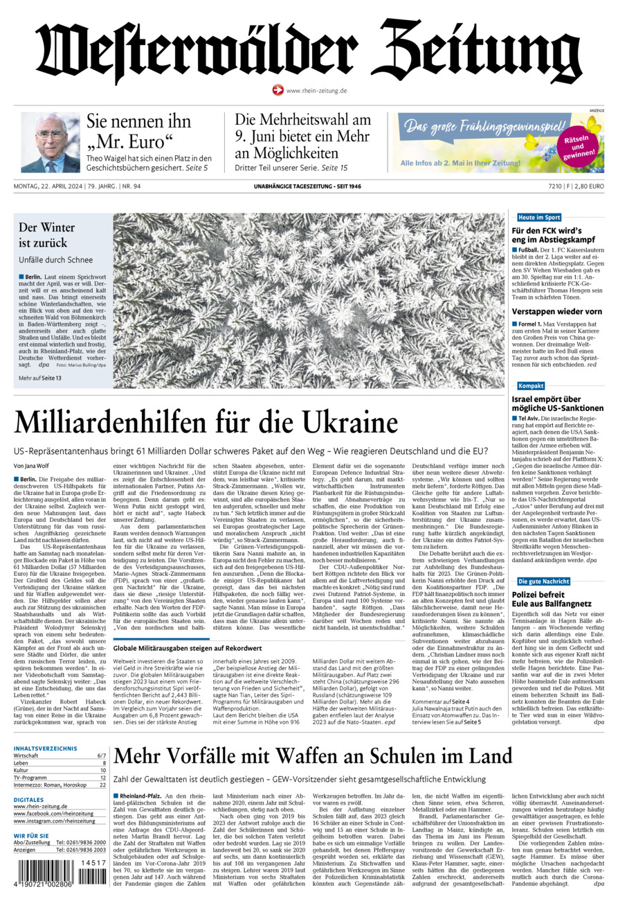 Westerwälder Zeitung vom Montag, 22.04.2024