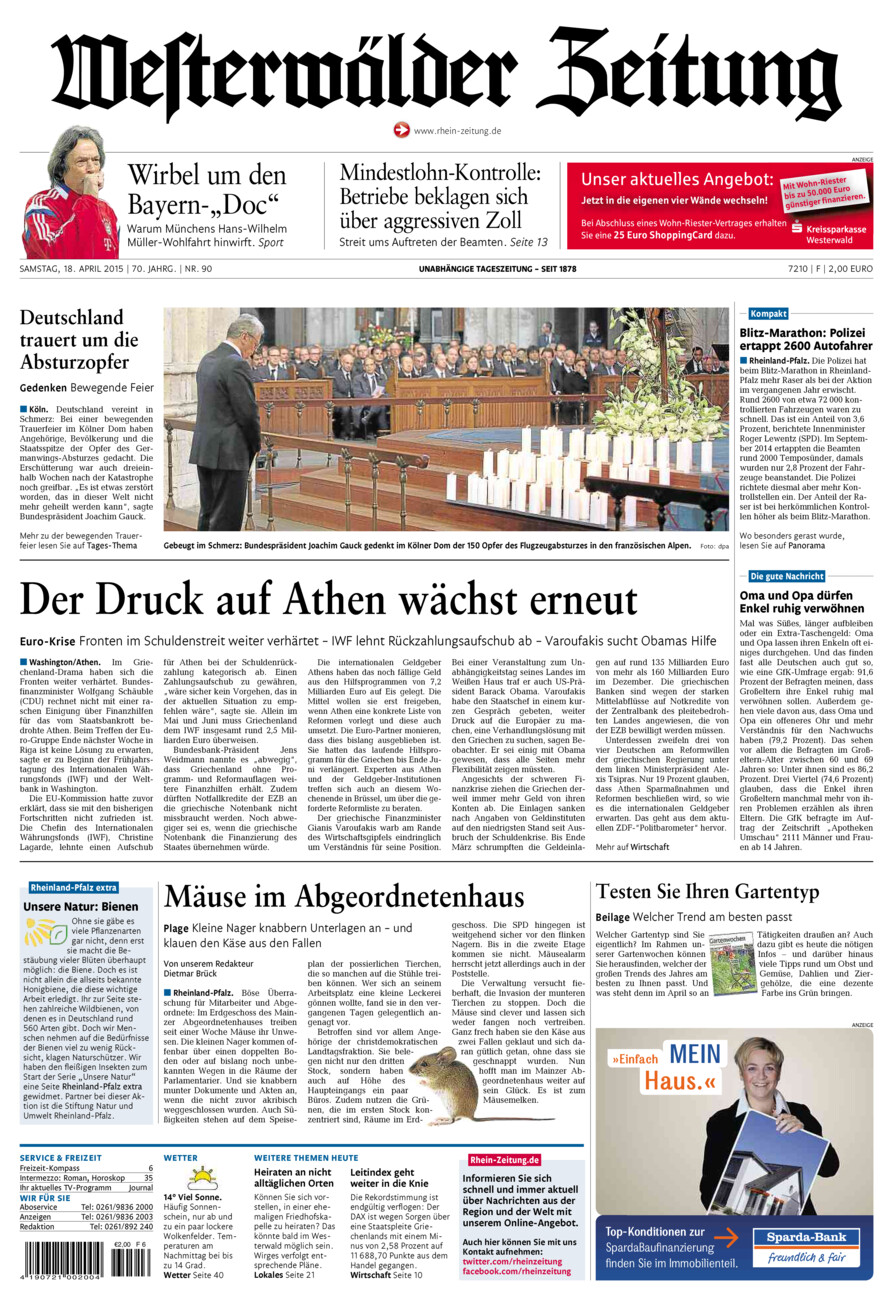 Westerwälder Zeitung vom Samstag, 18.04.2015