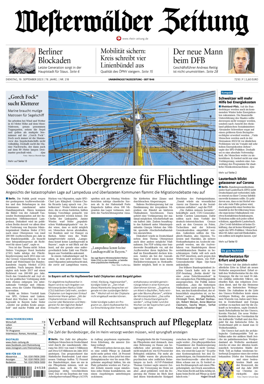 Westerwälder Zeitung vom Dienstag, 19.09.2023