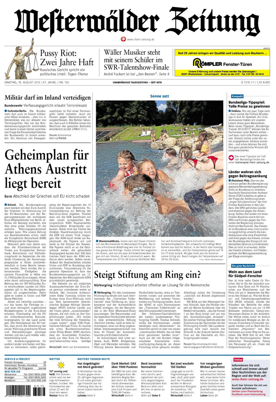 Westerwälder Zeitung vom Samstag, 18.08.2012