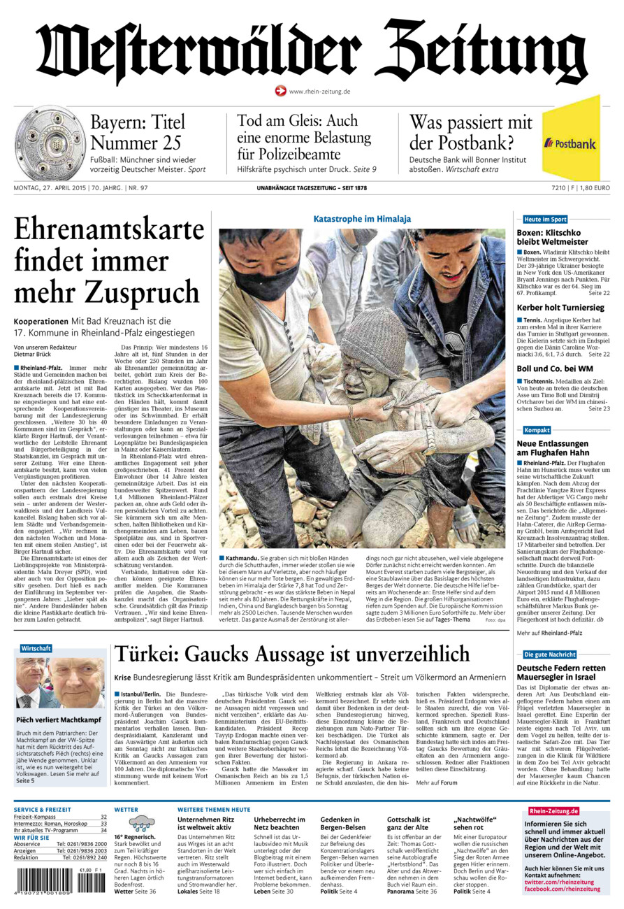 Westerwälder Zeitung vom Montag, 27.04.2015