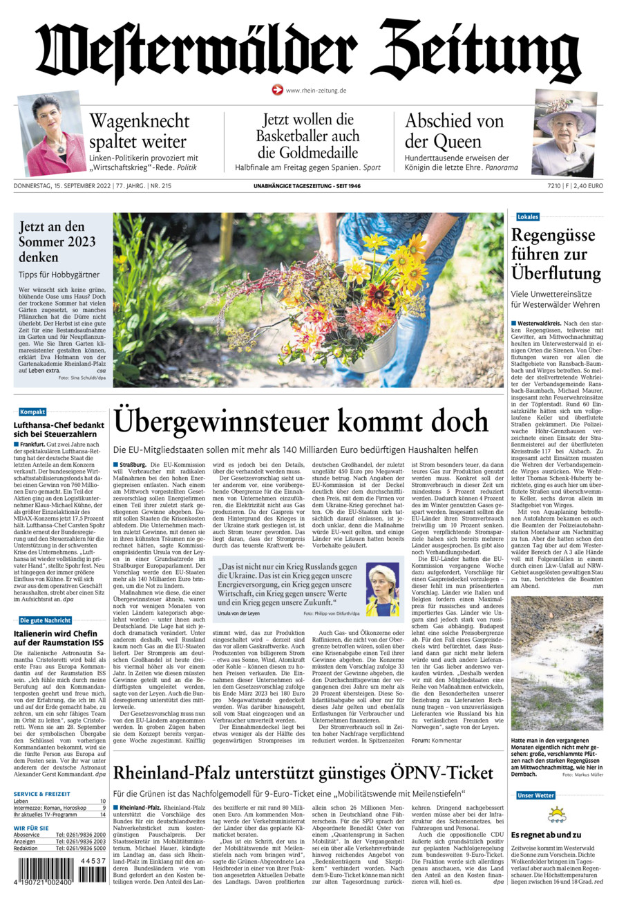 Westerwälder Zeitung vom Donnerstag, 15.09.2022