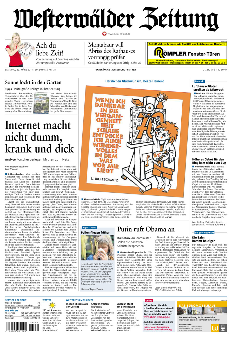 Westerwälder Zeitung vom Samstag, 29.03.2014