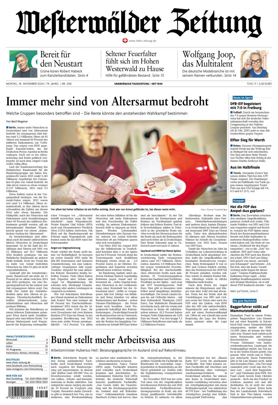 Westerwälder Zeitung vom Montag, 18.11.2024