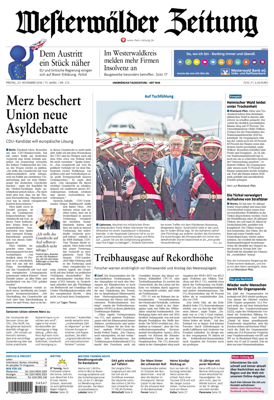 Westerwälder Zeitung vom Freitag, 23.11.2018