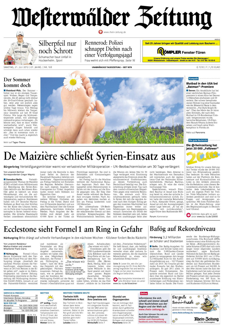 Westerwälder Zeitung vom Samstag, 21.07.2012