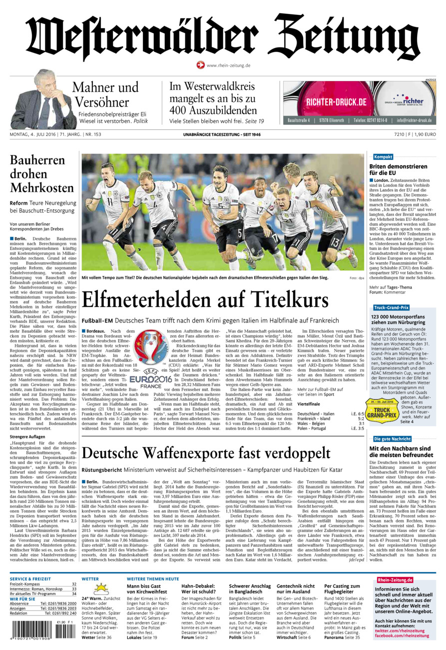 Westerwälder Zeitung vom Montag, 04.07.2016