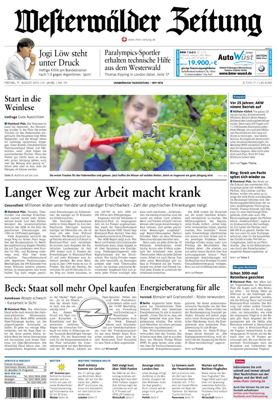 Westerwälder Zeitung vom Freitag, 17.08.2012