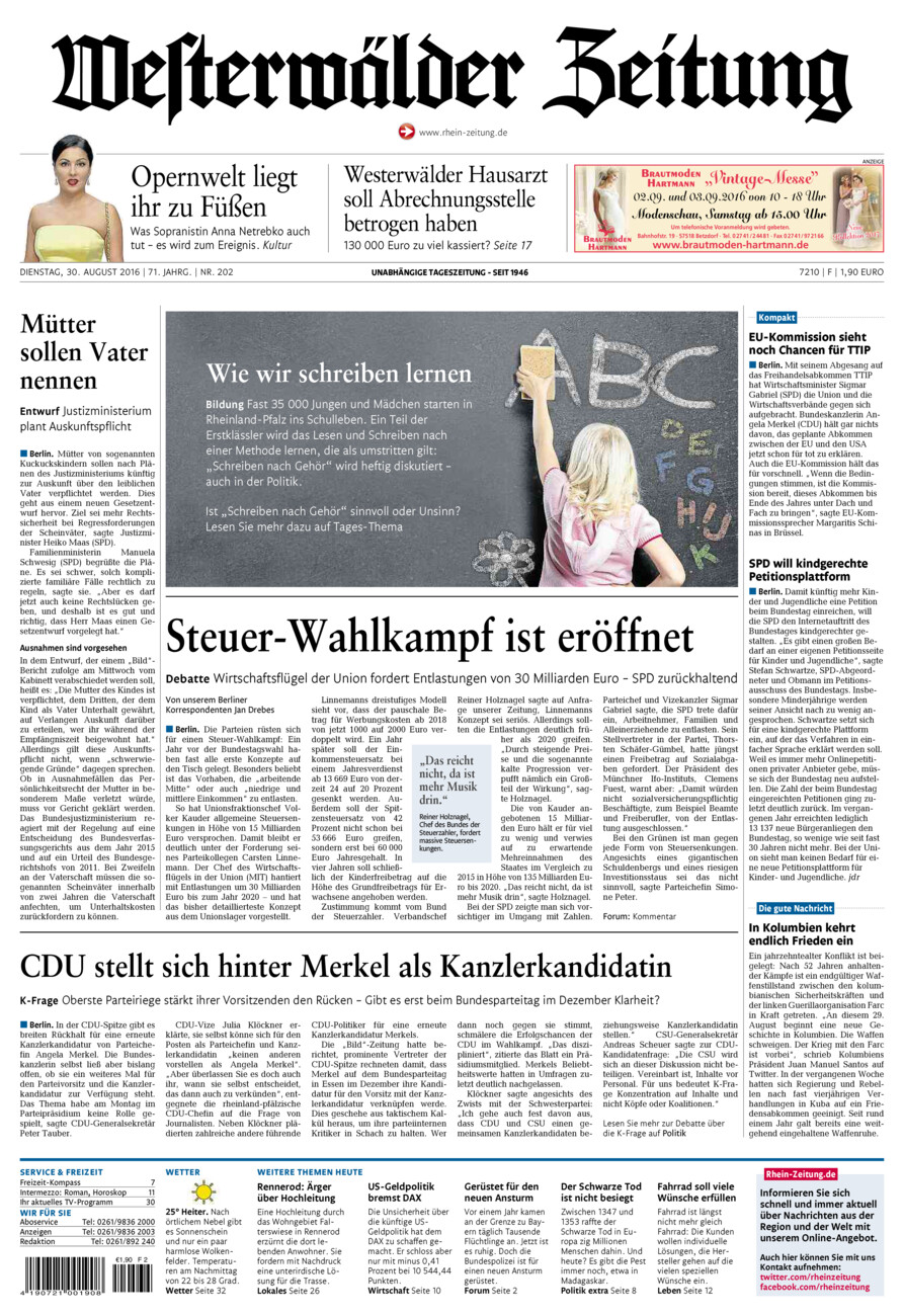 Westerwälder Zeitung vom Dienstag, 30.08.2016