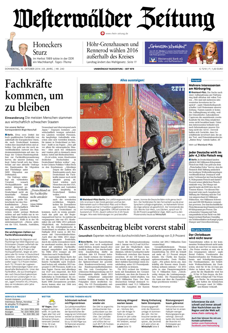 Westerwälder Zeitung vom Donnerstag, 16.10.2014
