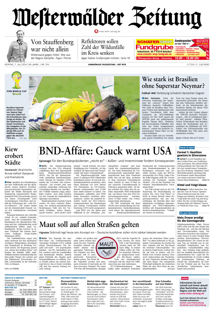 Westerwälder Zeitung vom Montag, 07.07.2014