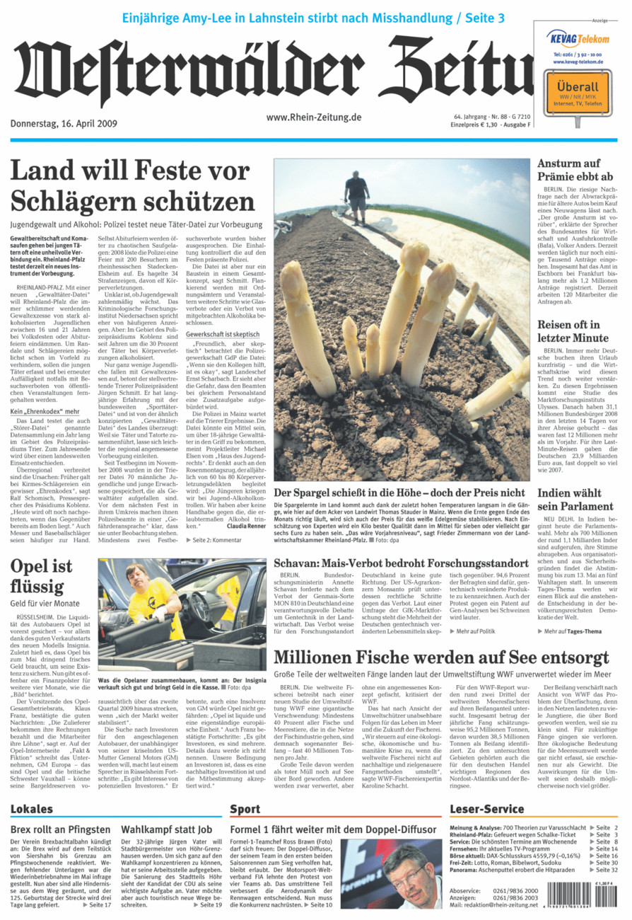 Westerwälder Zeitung vom Donnerstag, 16.04.2009