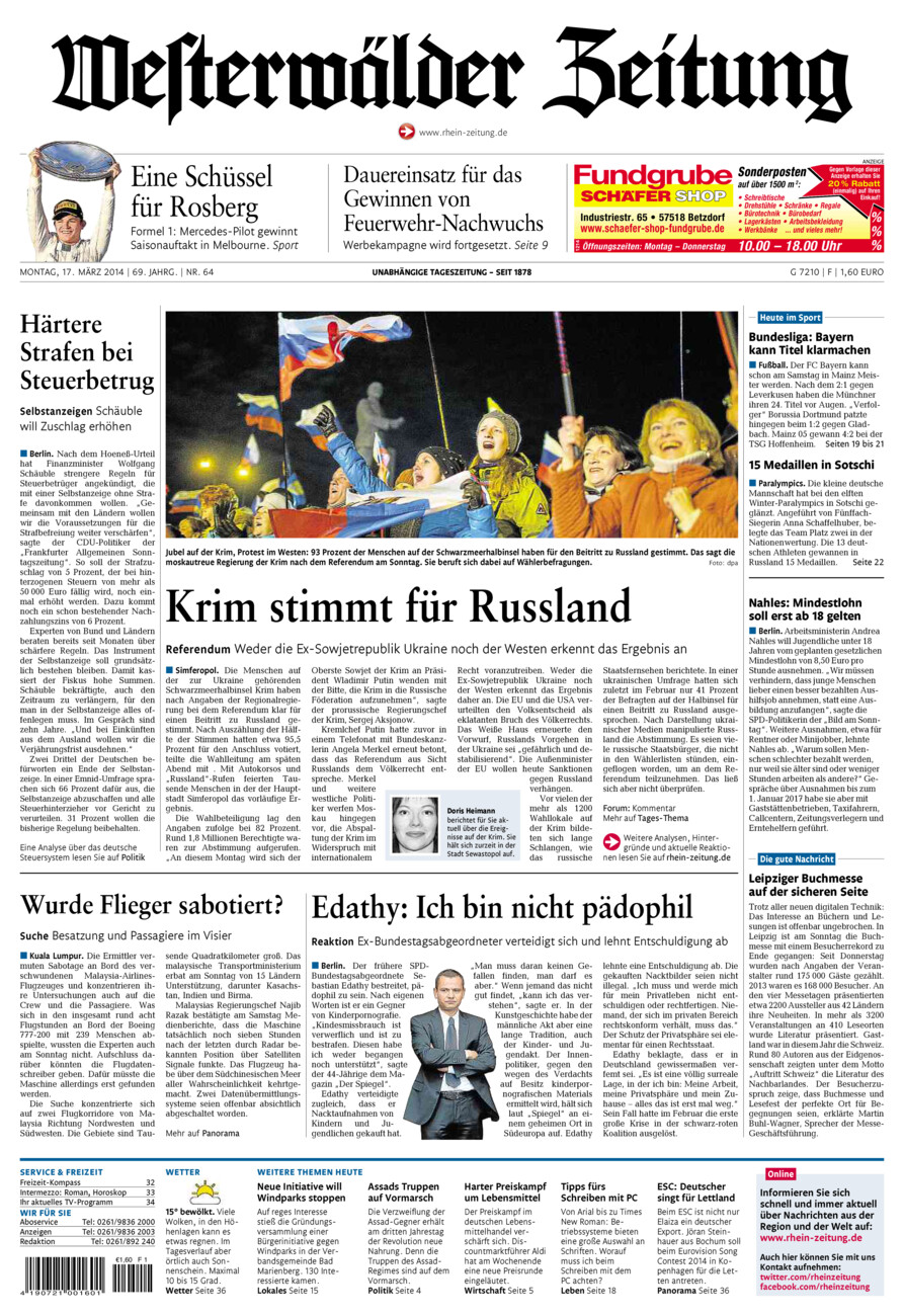 Westerwälder Zeitung vom Montag, 17.03.2014