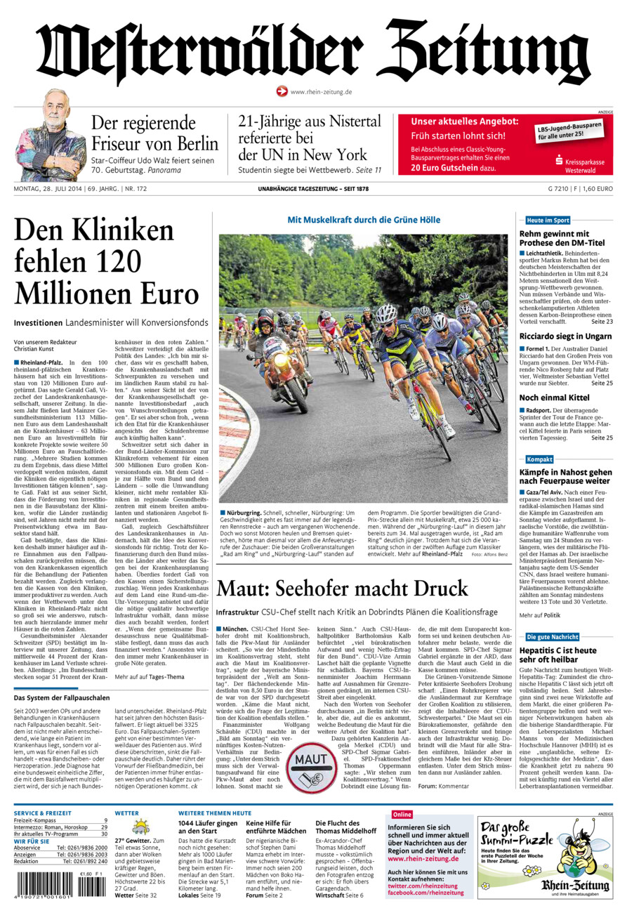 Westerwälder Zeitung vom Montag, 28.07.2014