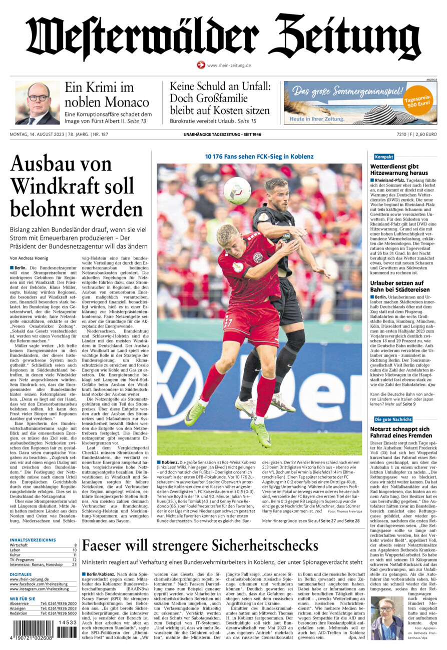 Westerwälder Zeitung vom Montag, 14.08.2023