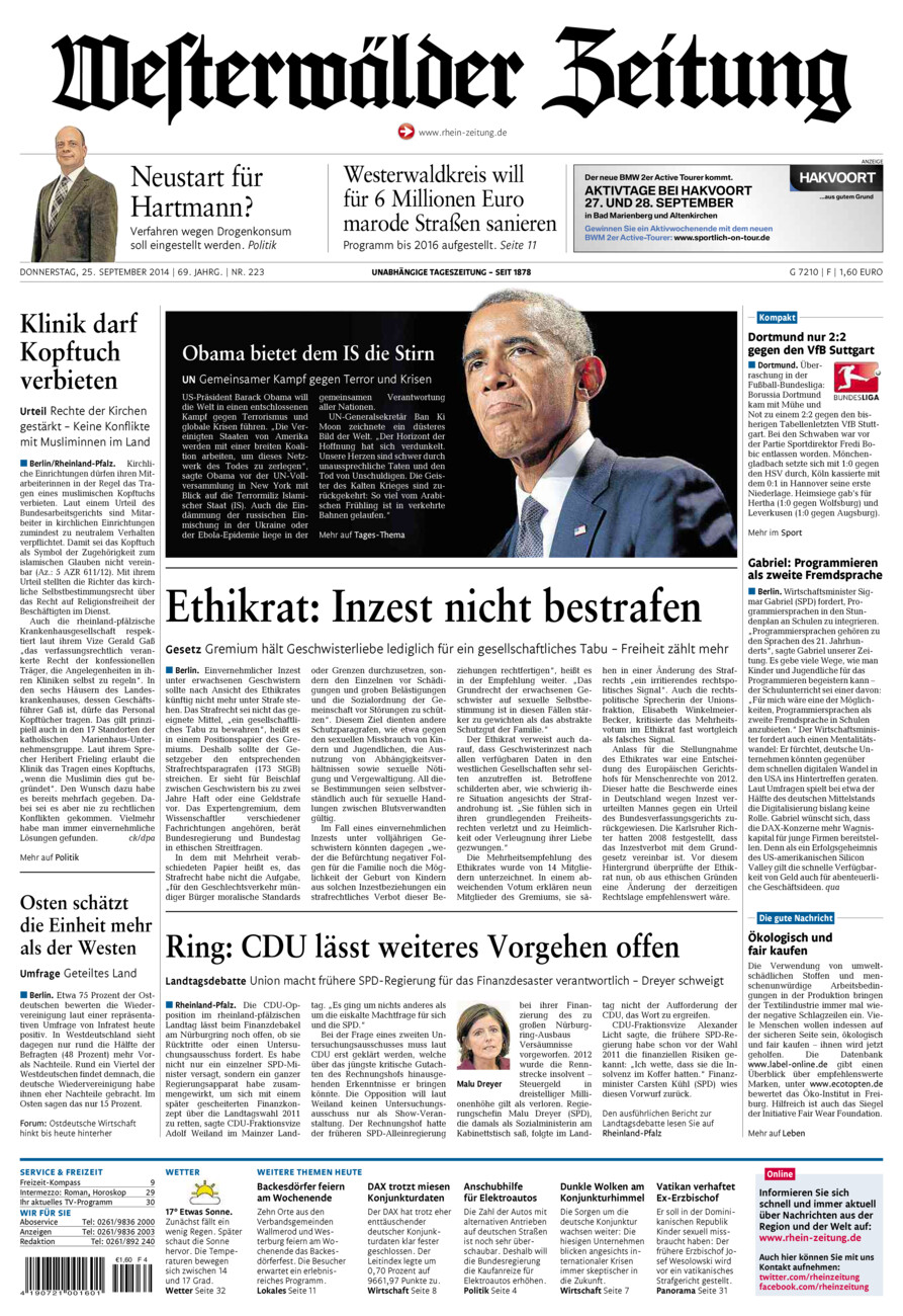 Westerwälder Zeitung vom Donnerstag, 25.09.2014