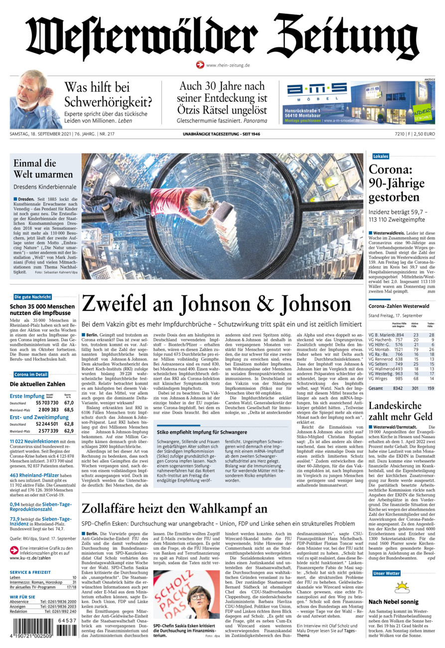 Westerwälder Zeitung vom Samstag, 18.09.2021