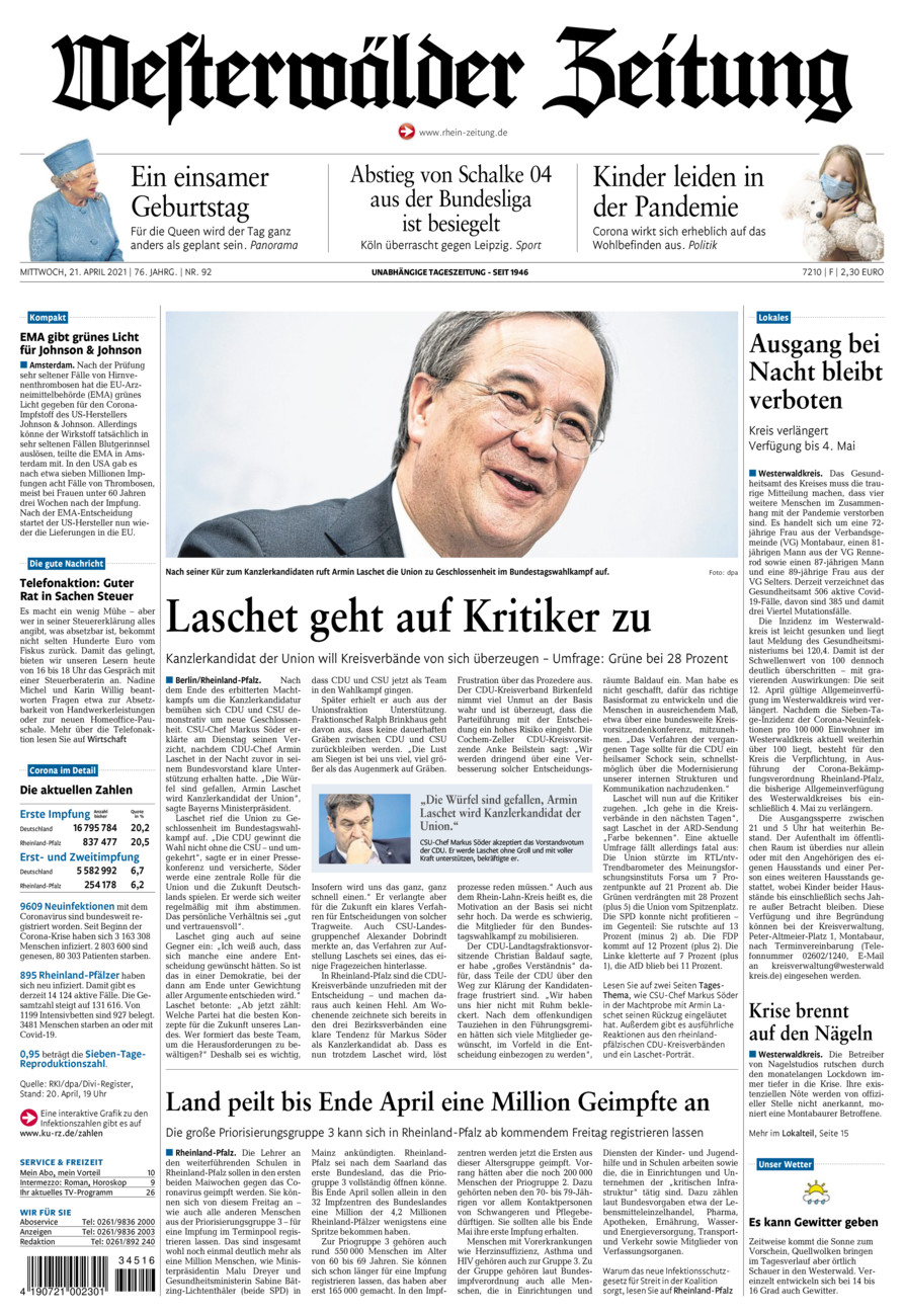 Westerwälder Zeitung vom Mittwoch, 21.04.2021