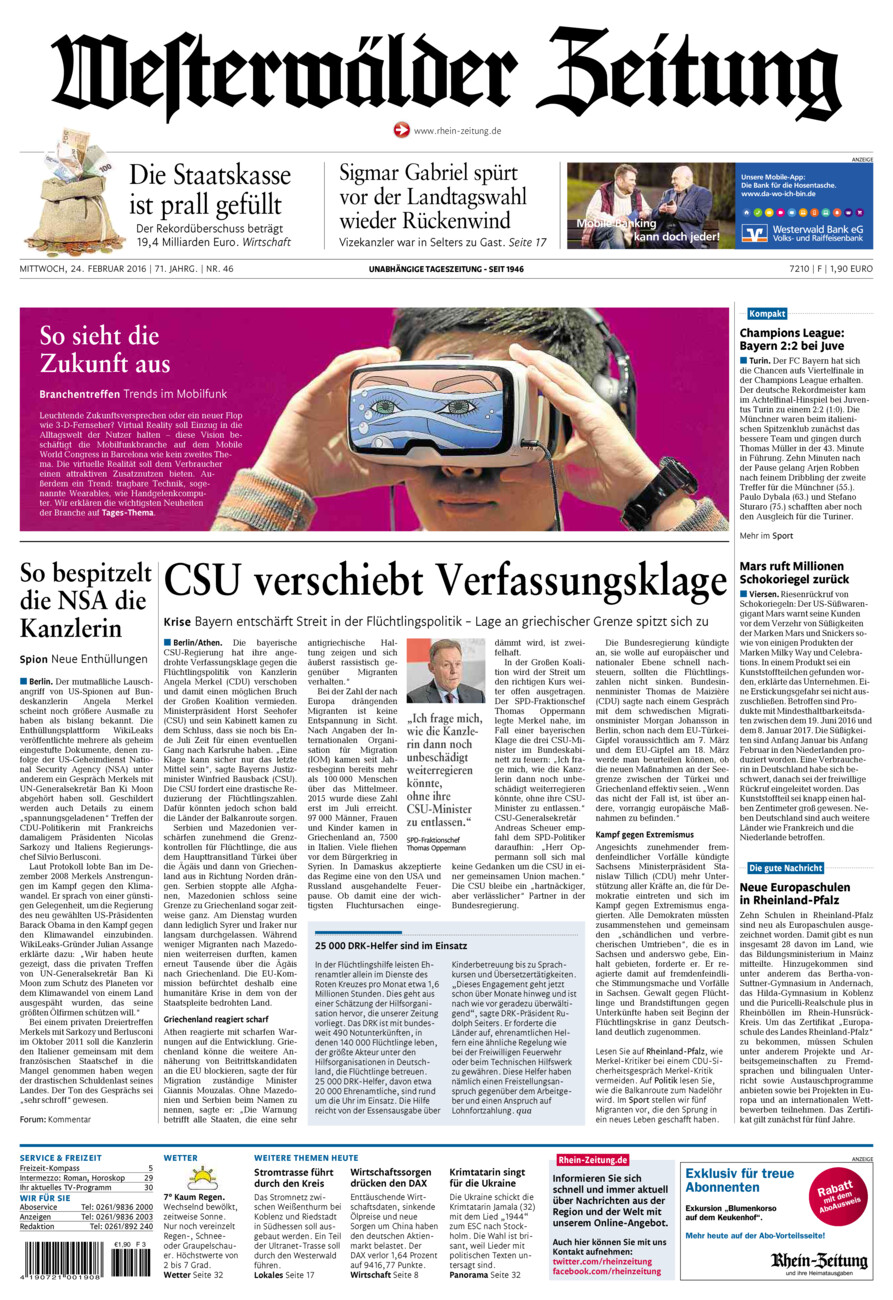 Westerwälder Zeitung vom Mittwoch, 24.02.2016
