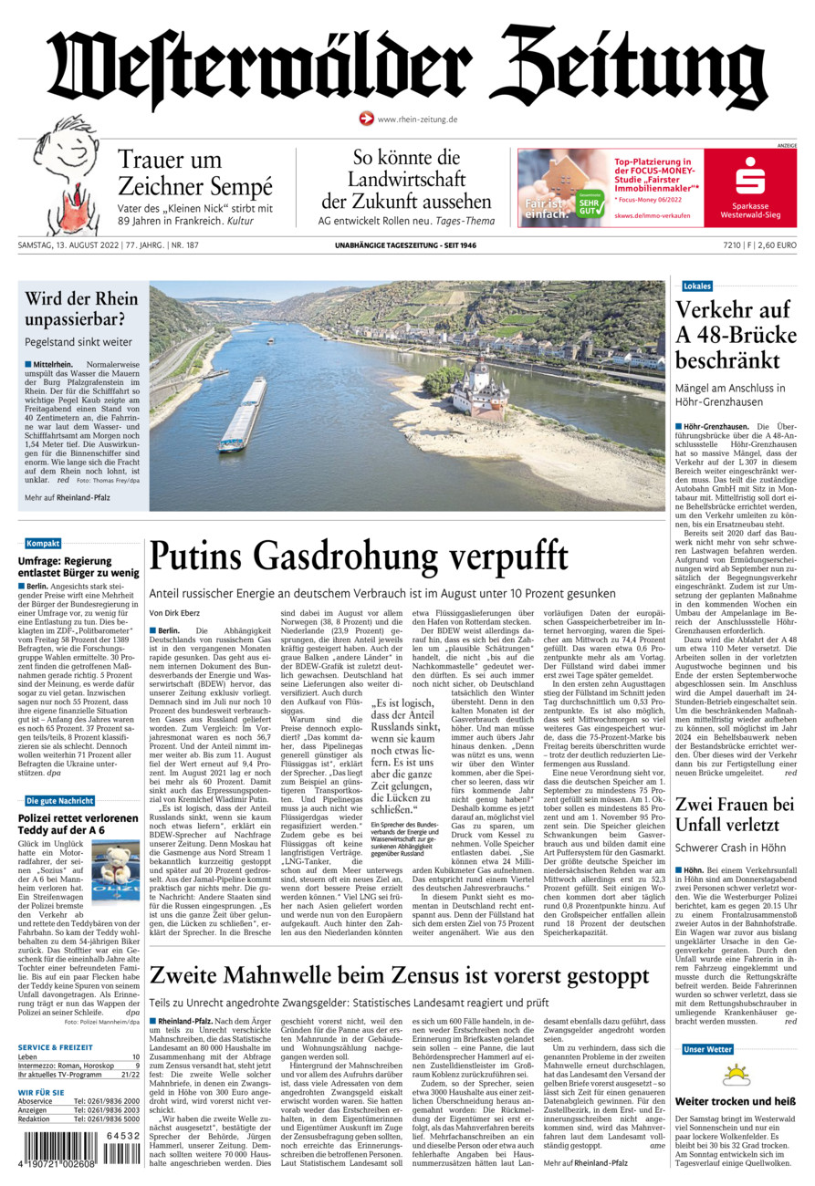 Westerwälder Zeitung vom Samstag, 13.08.2022