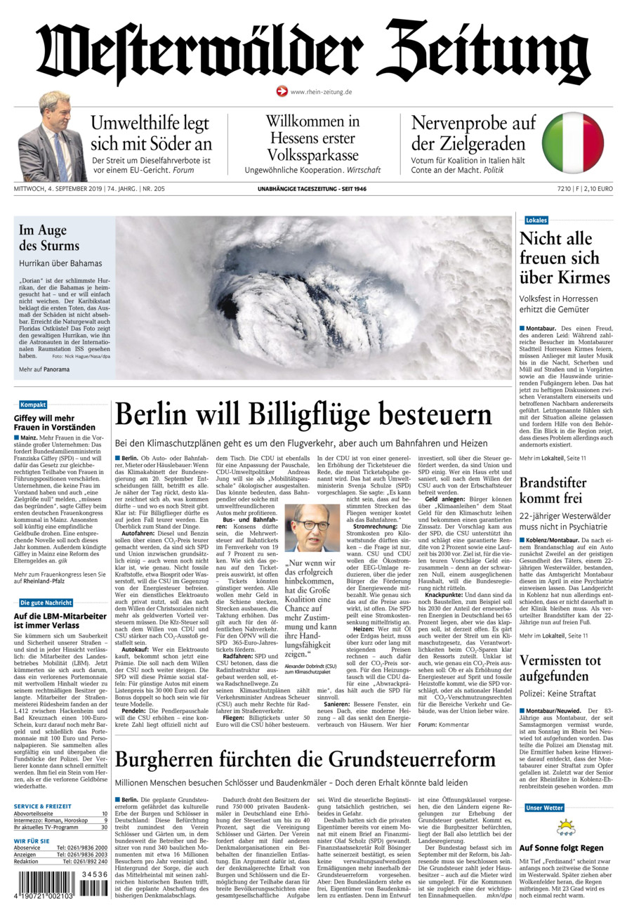 Westerwälder Zeitung vom Mittwoch, 04.09.2019