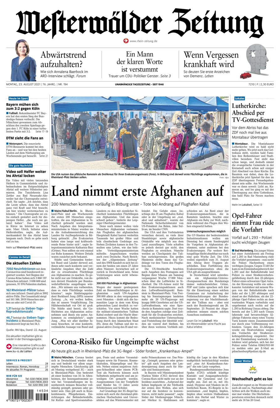 Westerwälder Zeitung vom Montag, 23.08.2021