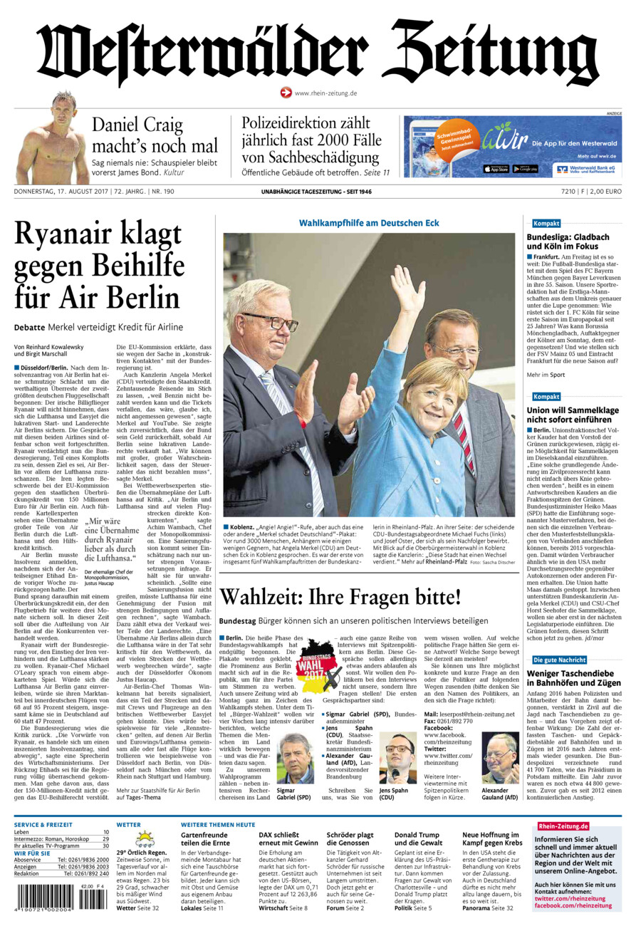 Westerwälder Zeitung vom Donnerstag, 17.08.2017